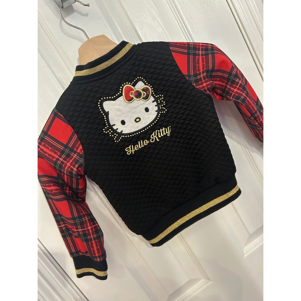 Hello Kitty Sanrio Kids Black Quilted Plaid Bomber Jacket Gold‎ Studded 4 7144